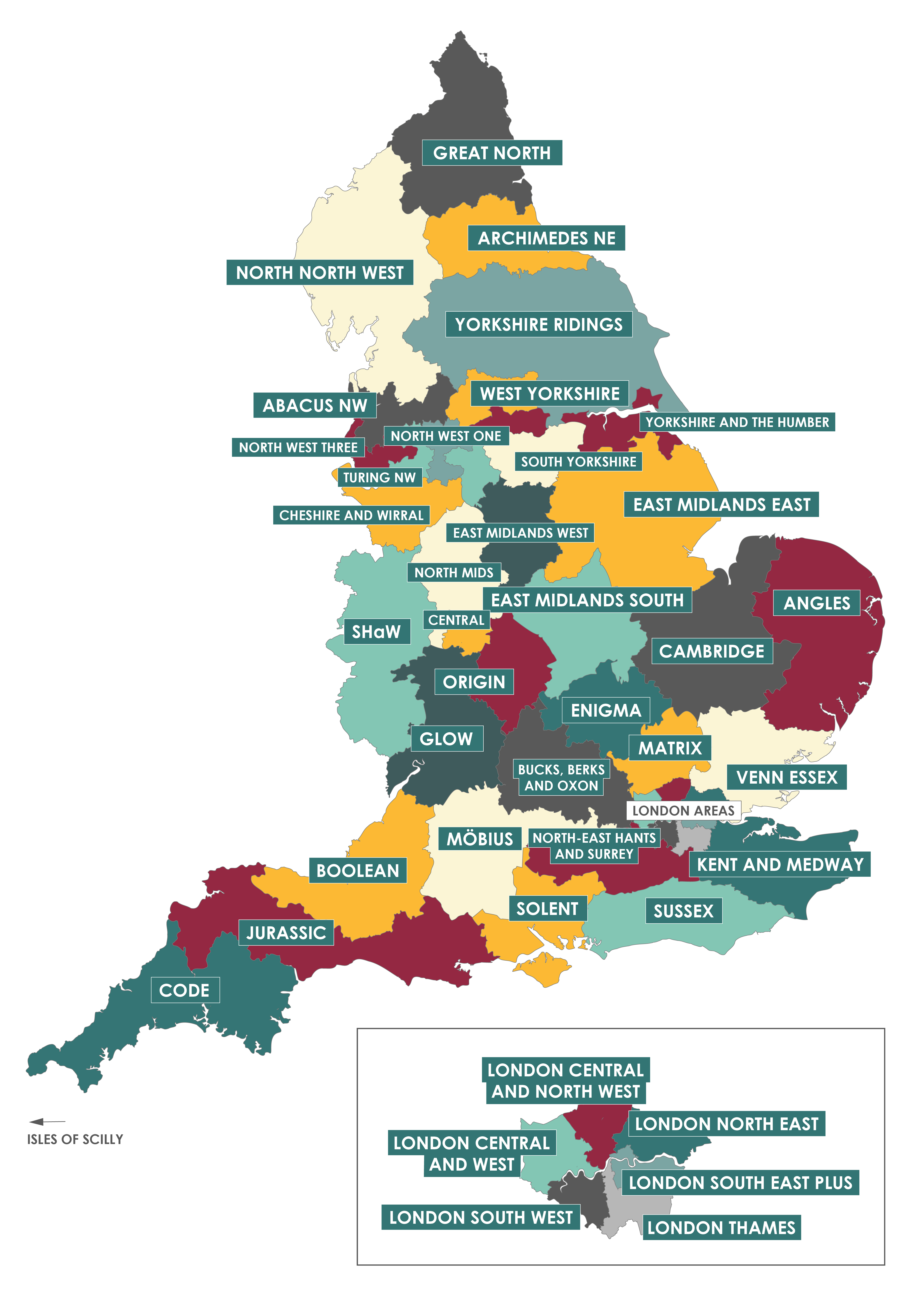 Map showing boundaries off all Maths Hubs